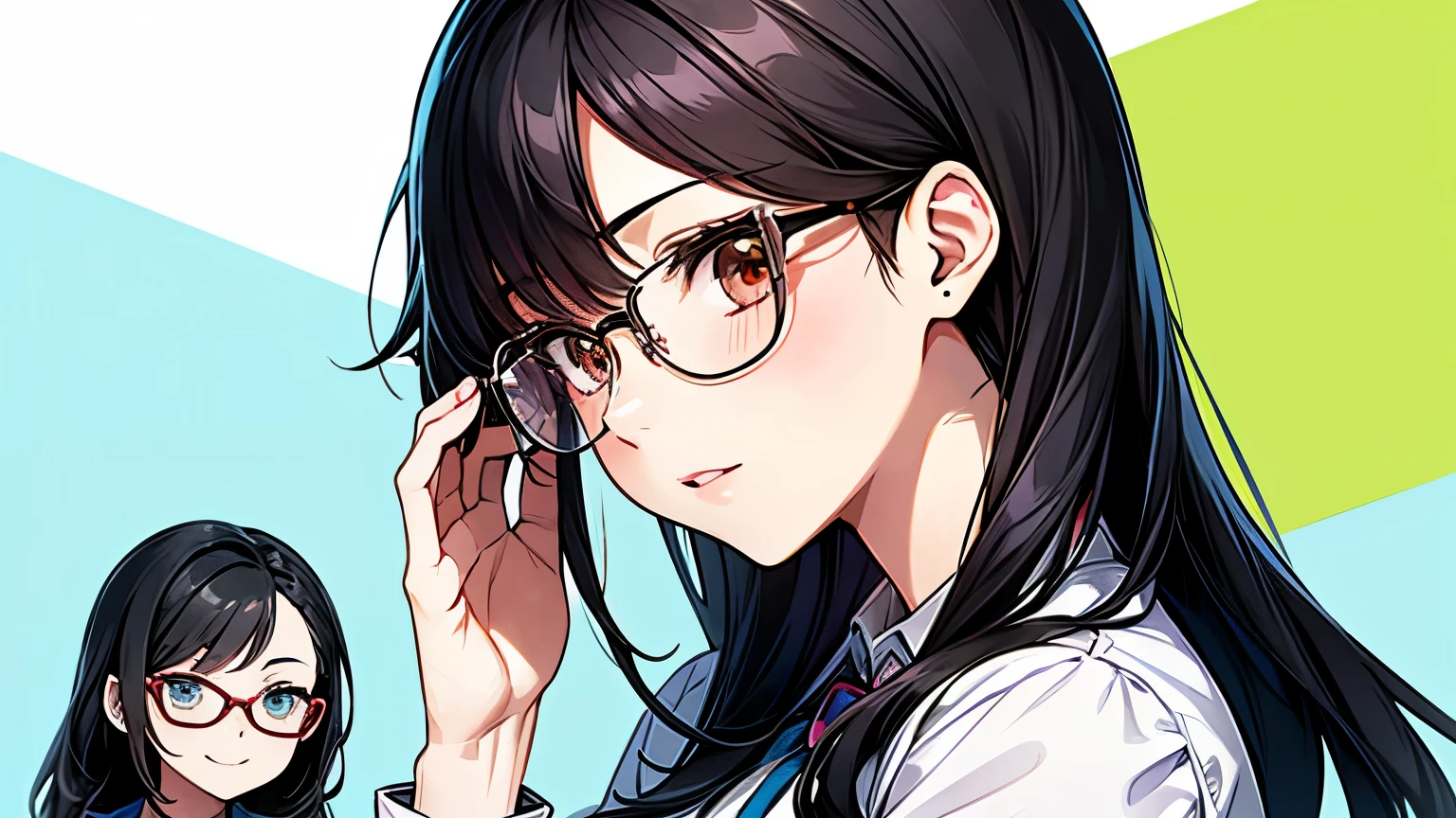 Create an adorable anime-style illustration of a  girl with black hair, wearing a stylish with a Office Lady. With stylish glasses adding to her charm, she radiates a cute and endearing vibe, perfect for an anime-style 　Politician&#39;s clothing　green back