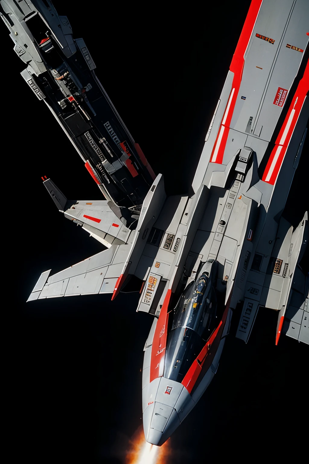 a black starfighter with red cockpit and white noscone, shmup, jetfire, gradius,vertical-scrolling view,spriters,16 bit style