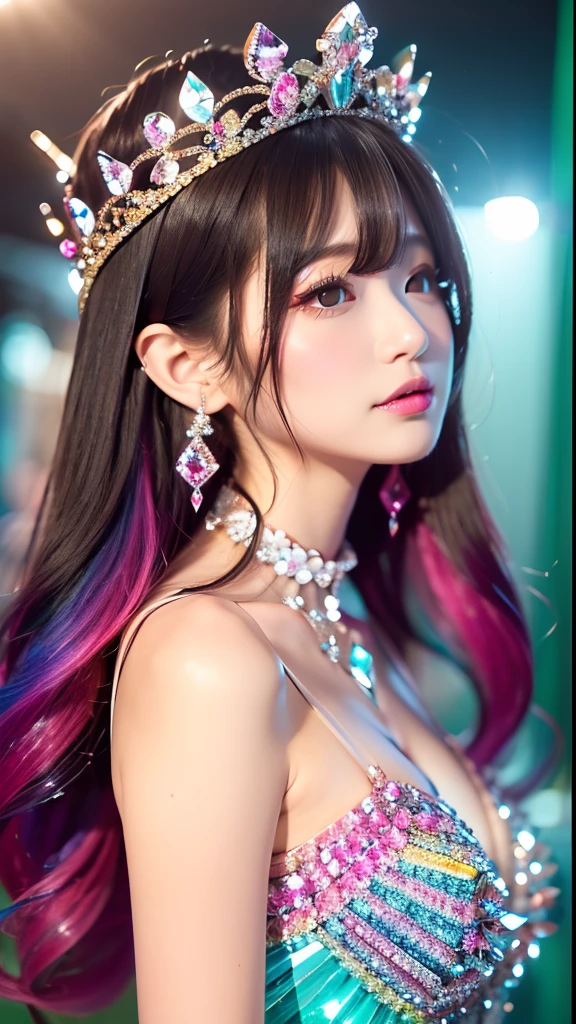 best quality,masterpiece,16k,1littlebaby Prettybaby baby bangs, bare shoulders, breasts, crown, crystal, dress, from side, gem,Colorful crystals,Crystal Headwear,There are many crystals on the clothes,Colorful gradient hair,Colorful Dress,Floating Colorful Crystal,Crystal on the body,Crystal necklace,Colorful crystal decoration,Crystal Girl, gradient hair, jewelry, long hair, makeup, medium breasts, multicolored hair, pink hair, solo, tiara 赤ちゃん チビアニメ 散りばめられたクリスタル