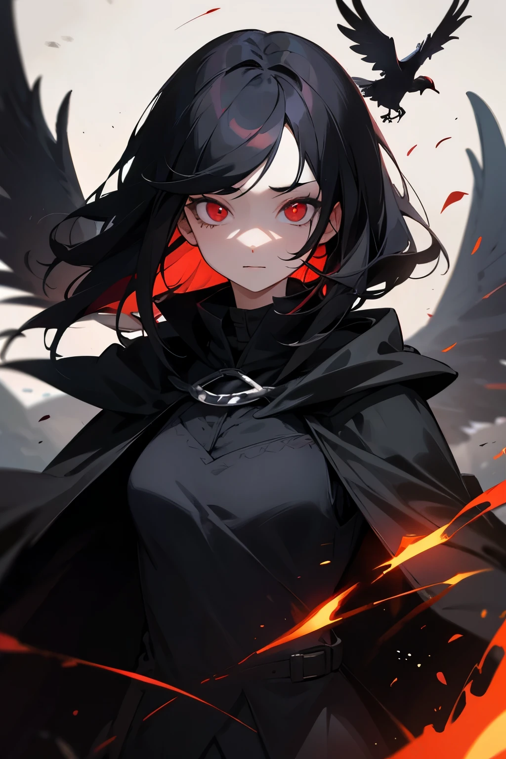 woman, vest, black cloak, red eyes, black hair, crow, glowing eyes, parted bangs, peaceful face, cute