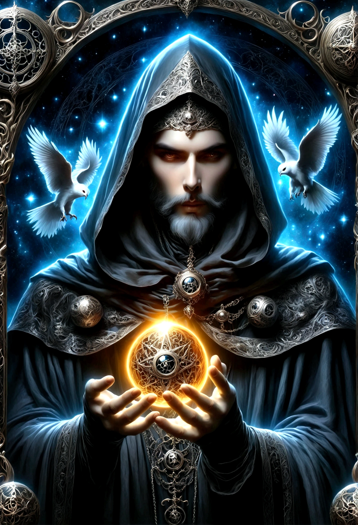 Astrologer，Metal photo frame，card，tarot cards：1.37.Mysterious fortune teller in cloak，Finger taps an array of tarot cards in the air，Mystical symbols and elements，Ancient mysterious atmosphere，Realistic illustration details，A work full of vitality and energy，Dark Style，Gothic style