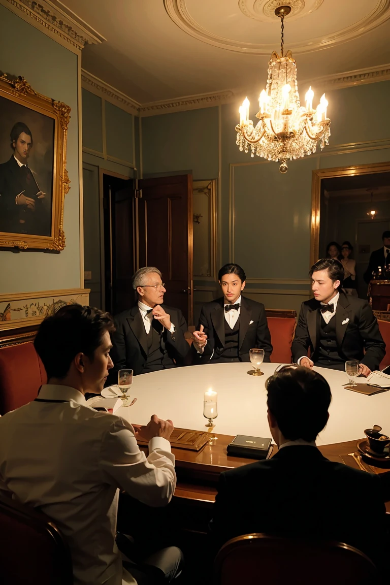 A group of gentlemen in silloette watching a half-asian, asian-european, woman with black wavy hair undressing. The anonymous gentlemen are smoking, layers of smoke are visible in the dimly lit victorian parlour. The victorian parlour is lavishly decorated with sumtuous furnishings like a royal manor.