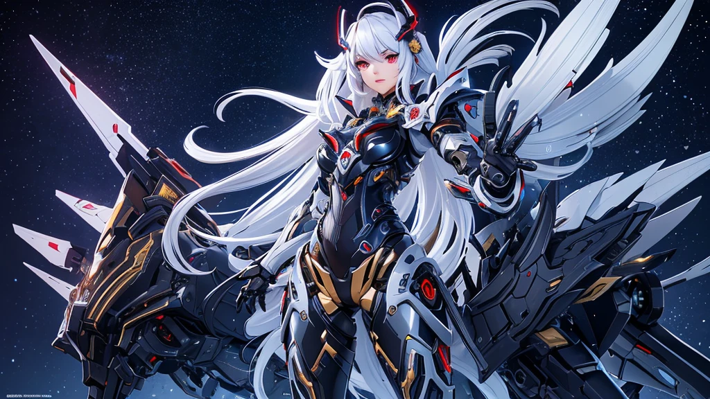 masterpiece,best quality,ultra-detailed,very detailed illustrations,extremely detailed,intricate details,highres,super complex details,extremely detailed 8k cg wallpaper,cowboy shot, caustics,reflection,ray tracing,demontheme,nebula,dark aura,cyber effect, (1girl:1.4),solo,alone, villain, mecha musume,mechanical parts, robot joints,single mechanical arm, headgear, mechanical halo,star halo,intricate mechanical bodysuit, mecha corset, kimono, full armor, very long hair,white hair, hair between eyes, multicolored hair, colored inner hair, red eyes,glowing eye,eye trail, random expressions,random action, ancient japanese architecture,pond, starry sky,skyline,  