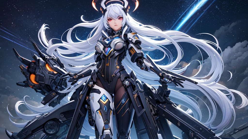 masterpiece,best quality,ultra-detailed,very detailed illustrations,extremely detailed,intricate details,highres,super complex details,extremely detailed 8k cg wallpaper,cowboy shot, caustics,reflection,ray tracing,demontheme,nebula,dark aura,cyber effect, (1girl:1.4),solo,alone, villain, mecha musume,mechanical parts, robot joints,single mechanical arm, headgear, mechanical halo,star halo,intricate mechanical bodysuit, mecha corset, kimono, full armor, very long hair,white hair, hair between eyes, multicolored hair, colored inner hair, red eyes,glowing eye,eye trail, random expressions,random action, ancient japanese architecture,pond, starry sky,skyline,  