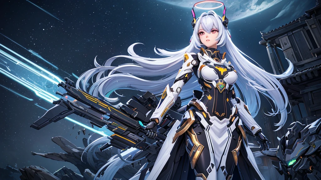 masterpiece,best quality,ultra-detailed,very detailed illustrations,extremely detailed,intricate details,highres,super complex details,extremely detailed 8k cg wallpaper,cowboy shot, caustics,reflection,ray tracing,demontheme,nebula,dark aura,cyber effect, (1girl:1.4),solo,alone, villain, mecha musume,mechanical parts, robot joints,single mechanical arm, headgear, mechanical halo,star halo,intricate mechanical bodysuit, mecha corset, kimono, full armor, very long hair,white hair, hair between eyes, multicolored hair, colored inner hair, red eyes,glowing eye,eye trail, random expressions,random action, ancient japanese architecture,pond, starry sky,skyline,
