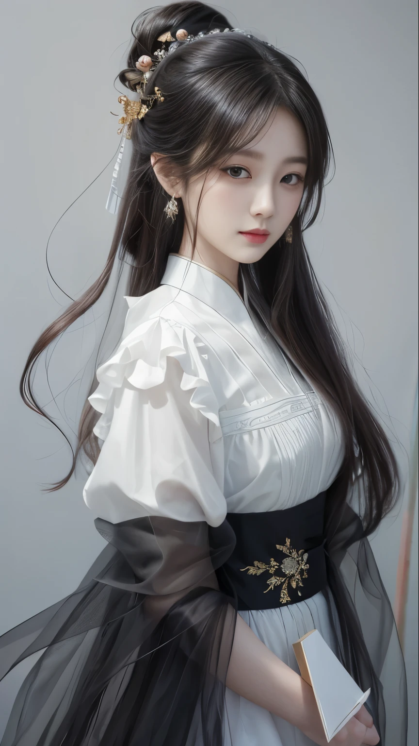 A painting,The painting shows a woman with long hair wearing a white dress, Beautiful character painting, Gu Weiss, artwork in the style of Gu Weiss, author:Yang J, author:Fan Qi, author:Zhang Han, author曾静, by Zhou Wenjing, Gu Weiss masterpiece, author:Li Song, Beautiful anime portrait, author:Ye Xin, author:Song Xu