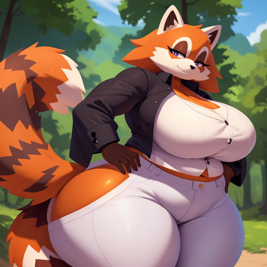 Mobian, red panda, female,huge , white pants, purple unbuttoned shirt, black undershirt, black undershirt, huge booba , huge ass, thicc, fat, bigger , bigger ass, high detail, masterpiece, UHD, anatomically correct, super detail, highres, 4K