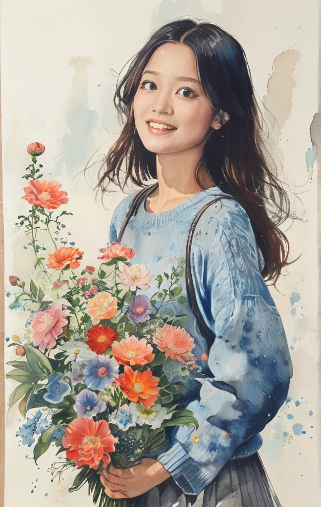 8K,masterpiece,top-quality, (From below:1.6) ,Dynamic Pose,30 years old 1 girl, Holding a large bouquet,Portrait, Floral, watercolor sketch, light, Long hair, ssmile, watercolor paiting \(Medium\),watercolor paiting,Plain tank top,Plain light blue sweater,long skirt
