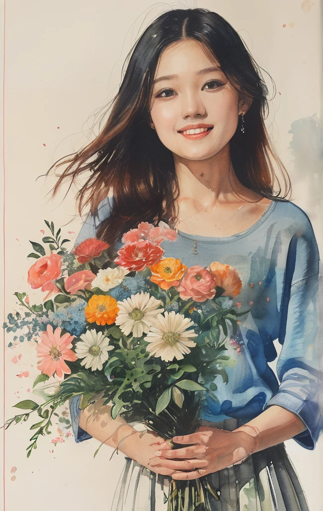 8K,​masterpiece,top-quality, (From below:1.6) ,Dynamic Pose,30 years old 1 girl, Holding a large bouquet,Portrait, Floral, watercolor sketch, light, Long hair, ssmile, watercolor paiting \(Medium\),watercolor paiting,Plain tank top,Plain light blue sweater,long  skirt