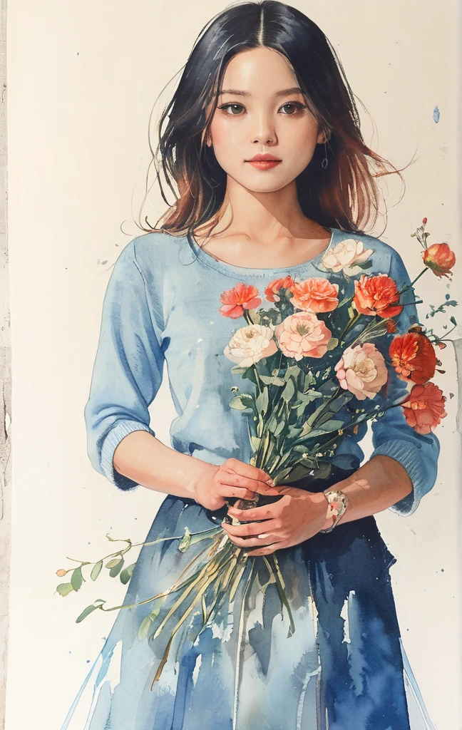 8K,​masterpiece,top-quality, (From below:1.6) ,Dynamic Pose,30 years old 1 girl, Holding a large bouquet,Portrait, Floral, watercolor sketch, light, Long hair, ssmile, watercolor paiting \(Medium\),watercolor paiting,Plain tank top,Plain light blue sweater,long  skirt