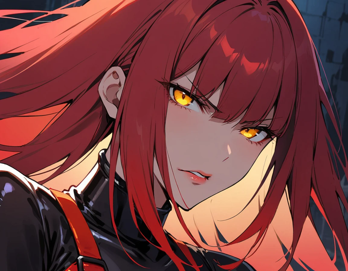 Long red hair, yellow eyes, evil, sexy, black and red clothes, cute hairstyle, evil face, evil, serious look, gloss lips, sinister, front look, bloody, gloves, (((half-body portrait))), beautiful eyes, (((black latex battle outfit))), big white, dark place, night, sensual, straight hair cut, clear skin, evil, young 30 years girl, adult girl, solo, red, very long hair, (((Older mature woman)))
Consumo esperado : 2