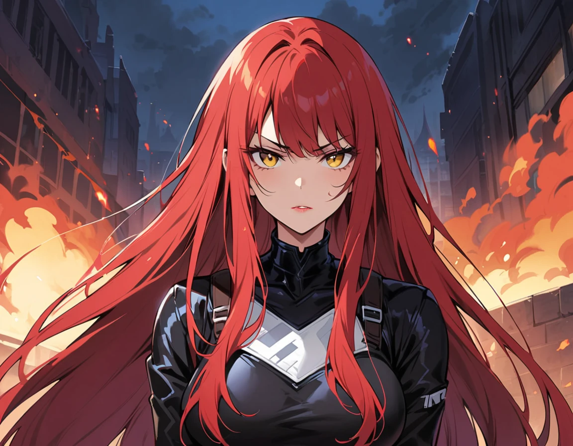 {{portrait, dutch angle}} {{Artist: Sincos}} 1male, solo, toned male, red hair, flowing hair, long hair, red eyes, lips, black sci-fi armour with, black cape, angry, outdoors, city, looking at viewer, standing, fog, modern day, superhero day, blood on face