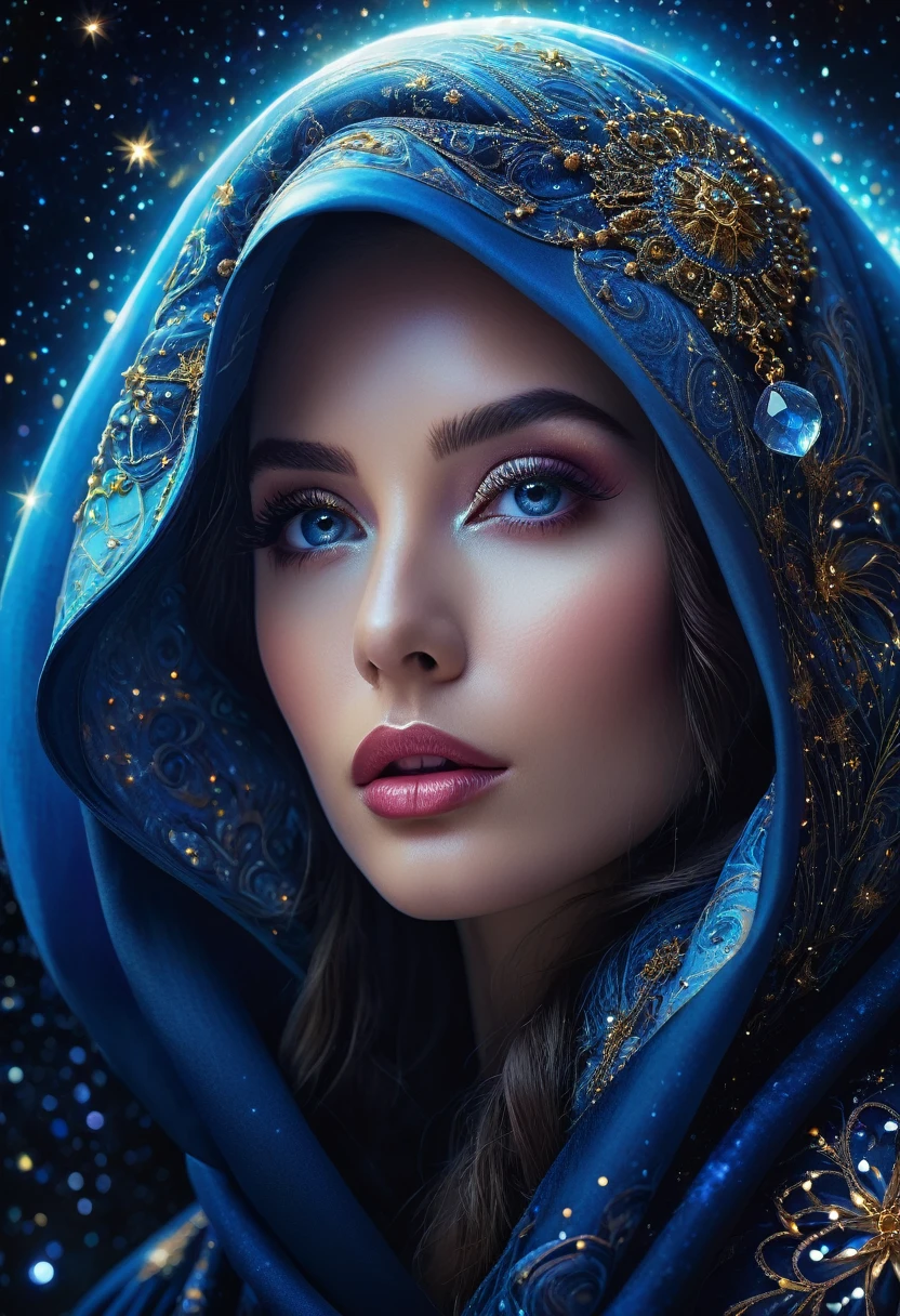 astrologer,beautiful detailed eyes,beautiful detailed lips,extremely detailed face,extremely detailed eyes,longeyelashes,((Upper body shot))intricate robe,hooded figure,starry night sky,glowing crystal ball,swirling cosmic energy,dramatic lighting,cinematic composition,(best quality,8k,highres,masterpiece:1.2),ultra-detailed,(realistic,photorealistic,photo-realistic:1.37),digital painting,fantasy,mystical,atmospheric