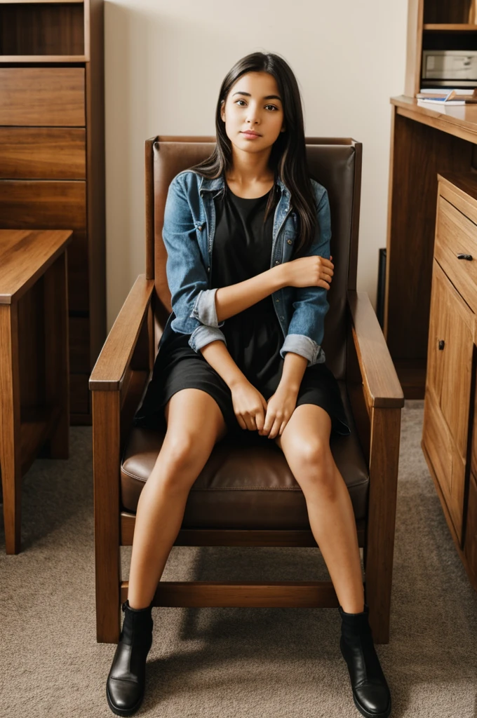 A girl sit in a chair and big