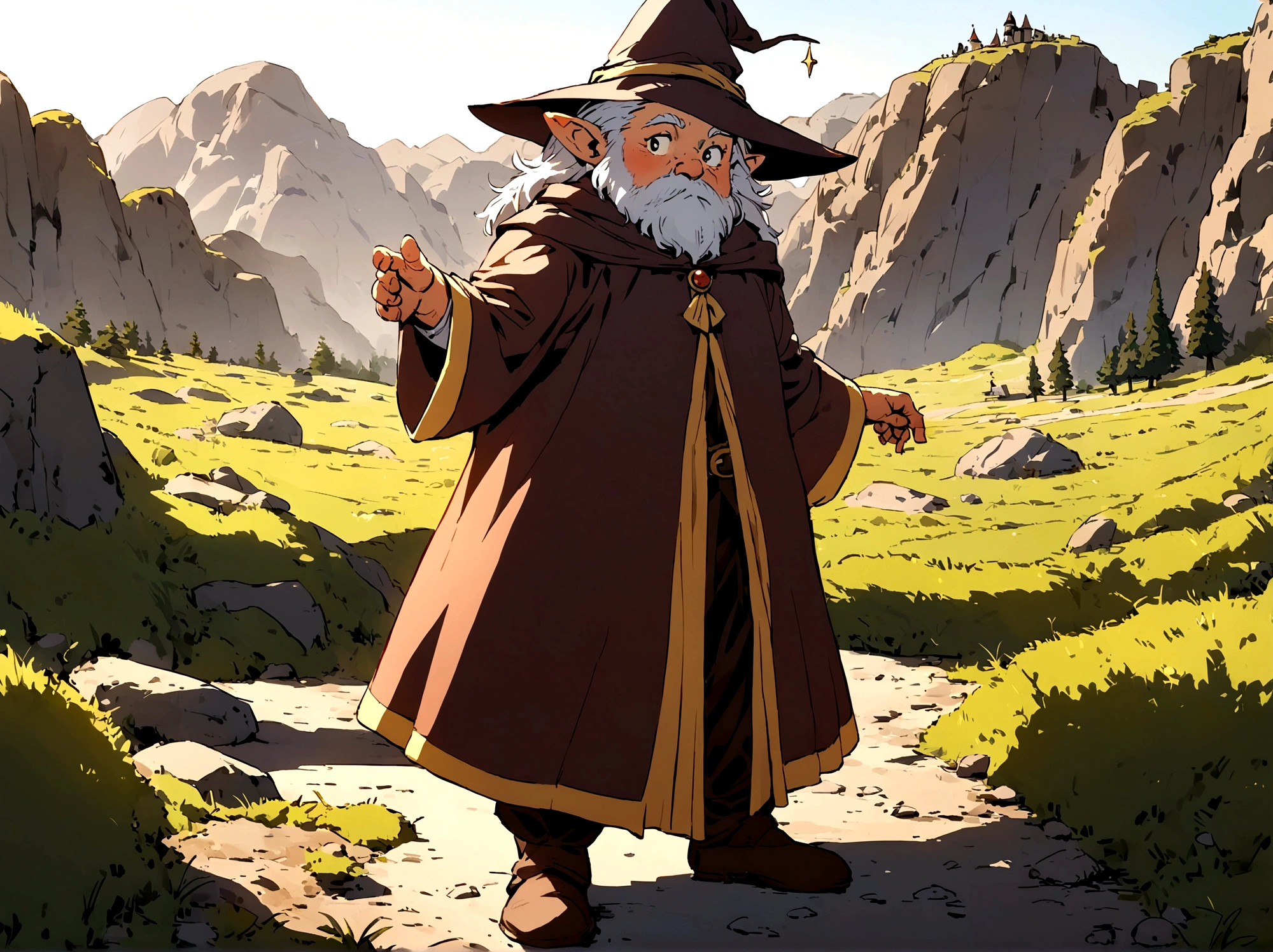 a little hairy man with pointy ears wearing a wizard outfit