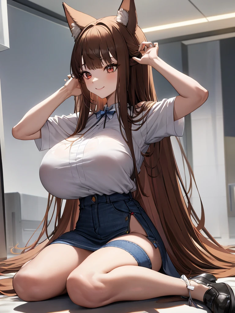 masterpiece, highest quality:1.2), holo, alone,Are standing_Split, (Sitting pose), Long Hair, Brown Hair, Dog ears, smile, (Big huge getting bigger massive larger Breasts:1.2), White Lingerie blue denim mini skirt, A bushy tail grows from its waist.,