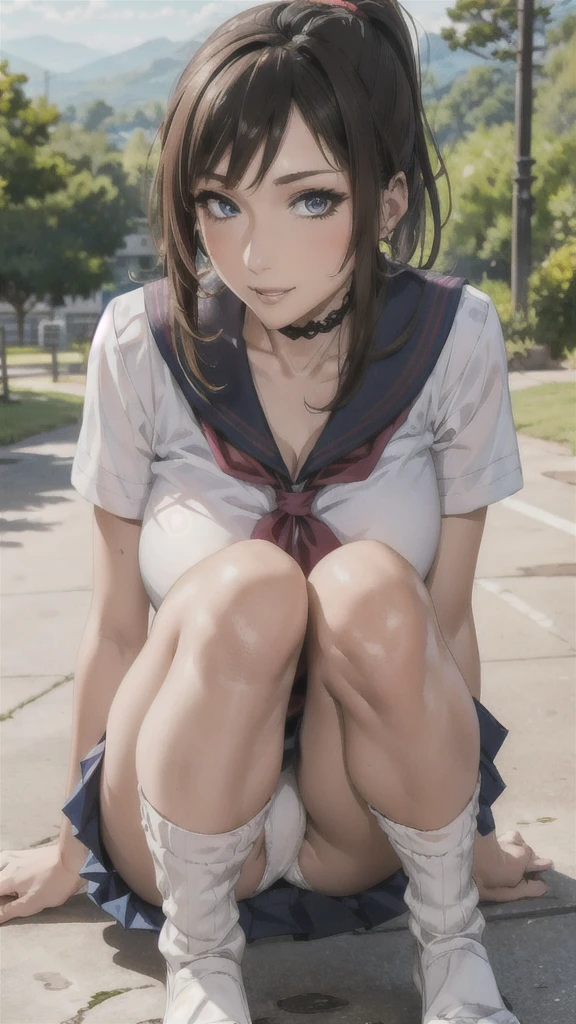 ((Correct Anatomy)),(Female student),((school uniform)),((Sailor suit)),((White lace panties)),(Mini Pleated Skirt),(((Knee-high socks))),Ultra-high resolution,Mature Woman, Mature Woman, Very detailed,Sunburned skin,Brown Skin,((Beautiful feet)),(Big Breasts),((Beautiful legs)),Perfect hands, Detailed fingers, Beautiful details, ((Long Hair)),((ponytail)),Black Choker, Earrings,loafers,Embarrassing,Perfect Eyes, Captivating eyes,(School)
