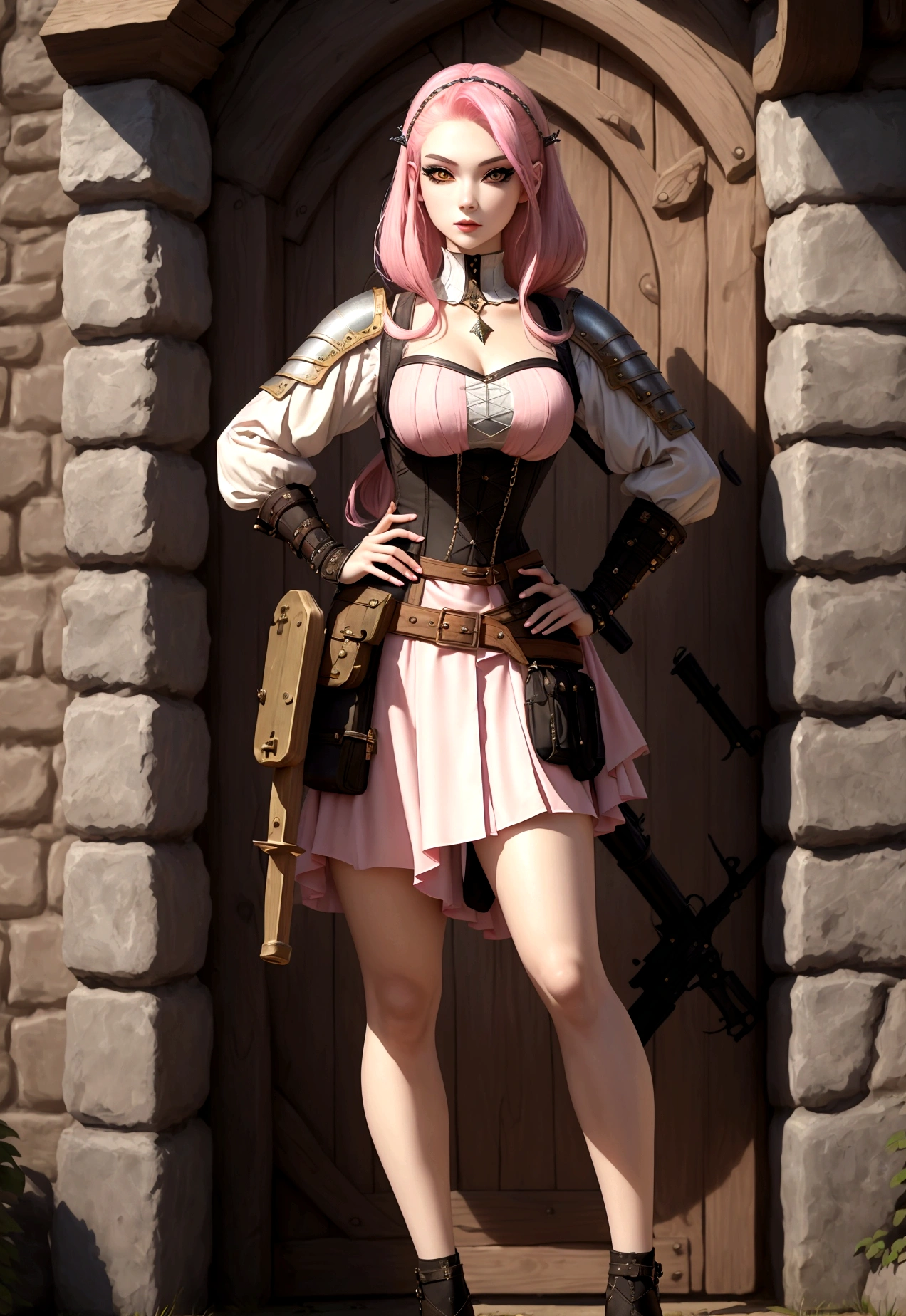 (masterpiece, Best quality, 32 thousand.), (((facing the viewer, full height))), ((full body)), Young teenage girl with pink hair , ((pink глаза)), ((Eyeliner)), ((Beautiful face, sultry face, mischievous face, fine features, sexy face)), ((pale skin, Smooth skin, perfect skin)), ((cute outfit, Stylish outfit, Medieval attire, fantasy outfit, tactical equipment:1.3))