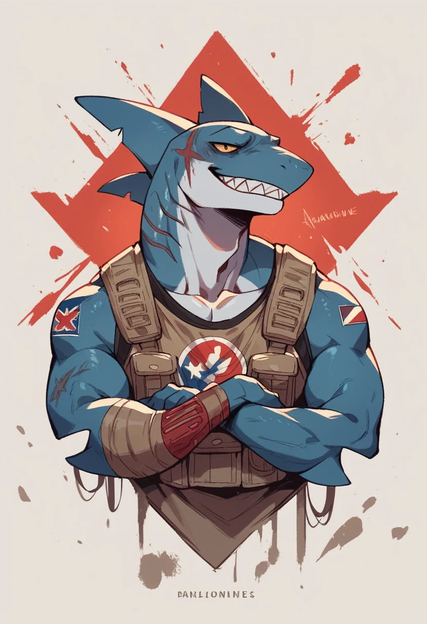 character a hybrid fox mixed with shark and lizard color of the character red half of the face the other half white personality cold but friendly let it be the call of duty profile logo have my name Moisés and with the flag of Venezuela