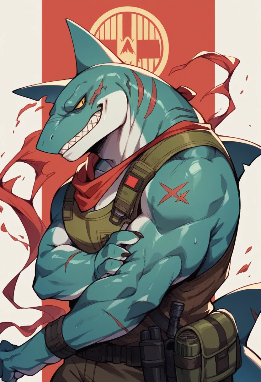 character a hybrid fox mixed with shark and lizard color of the character red half of the face the other half white personality cold but friendly let it be the call of duty profile logo have my name Moisés and with the flag of Venezuela