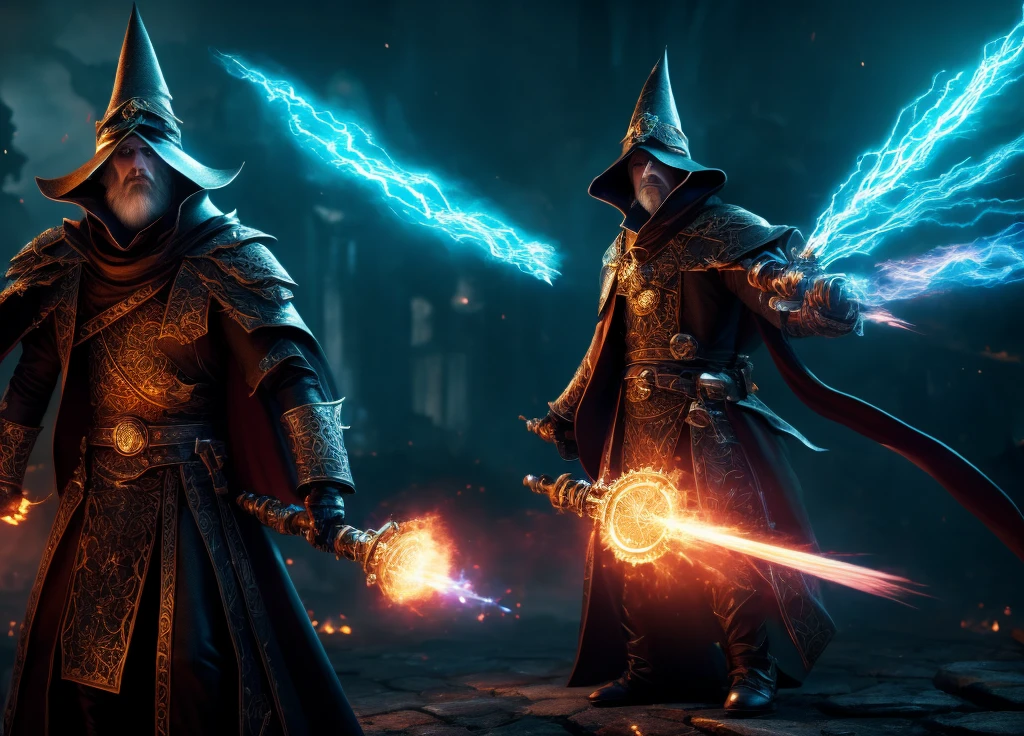 (very detailed 8k wallpaper), medium shot of a  necromancer, particle lighting, high detail, dramatic, gatling gun in hand, clean background, with wizard hat on, background top weapon removed