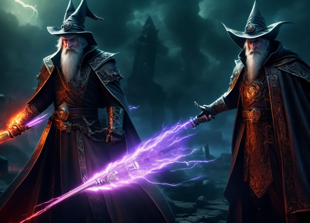 (very detailed 8k wallpaper), medium shot of a necromancer, particle lighting, high detail, dramatic, gatling gun in hand, clean background, with wizard hat on, background top weapon removed