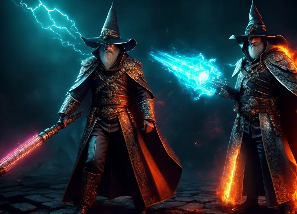 (very detailed 8k wallpaper), medium shot of a necromancer, particle lighting, high detail, dramatic, gatling gun in hand, clean background, with wizard hat on, background top weapon removed