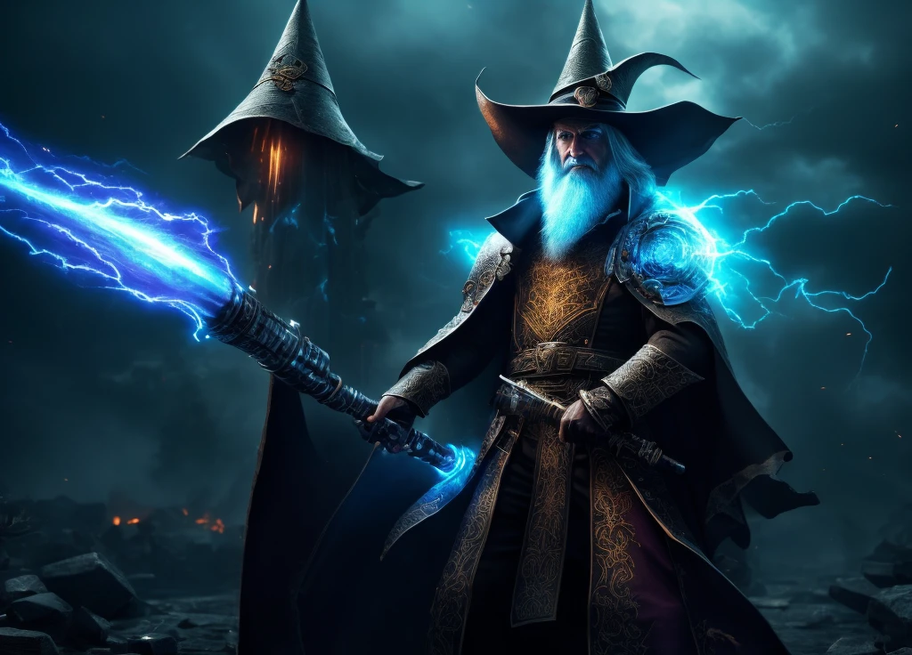 (very detailed 8k wallpaper), medium shot of a  necromancer, particle lighting, high detail, dramatic, gatling gun in hand, clean background, with wizard hat on, background top weapon removed