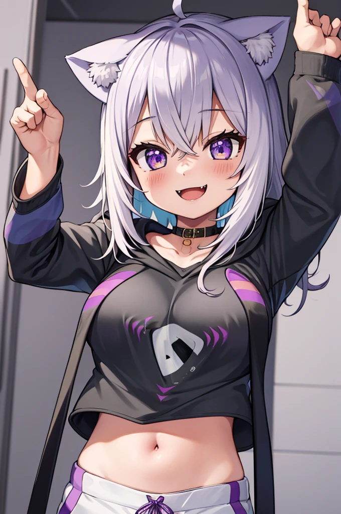 masterpiece, best quality, absurdres, perfect anatomy, 1girl, solo, okayudefault, black hoodie, (onigiri print), [navel], white pants, cat tail, ahoge, smile, fangs, spread arms, indoors, 