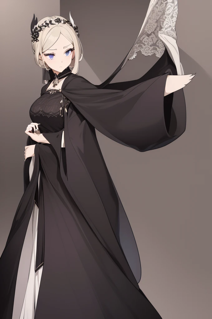 It is a woman with a slender and elegant body, her figure embodying a graceful maturity. Her light blond hair is long, cascading down her back in gentle waves, the tips fading into a purple-ish tint. The hair remains parted to one side, with the tips still fanning out around her face. A long bang continues to partly cover her left eye, adding to her enigmatic allure. The remnants of her Hollow mask is a delicate, ornate circlet that rests gracefully on her forehead. The circlet has intricate designs that resemble vines and flowers. Her eyes are a striking bright purple. Her freckles have faded slightly but still dot her cheeks, maintaining a connection to her youthful past. She wears a form-fitting, long-sleeved, white dress-like garment that now features subtle black embroidery along the edges. The high collar remains, lending an air of regality. There is a cutout around her chest area, in a heart-shaped cutout that reveals her Hollow hole located just below her collarbone, but also making a teasing boob window. This cutout is bordered by a delicate black lining. The sleeves are more tailored, with a slight flare at the wrists. The ends are adorned with intricate black patterns, enhancing the dramatic flair. The lower part of the outfit transitions into a long, flowing skirt that reaches her feet, with subtle pleats adding volume. The skirt has side slits that reveal a darker, intricately patterned inner layer. The bottom hem of the robe is still asymmetrical, but now it features elegant, black-trimmed scallops. She wears sleek, black boots with a slight heel, providing both elegance and practicality. The boots have subtle silver accents that match the black embroidery on her robe. Her neck is adorned with a refined, black choker featuring a single, central golden ornament.