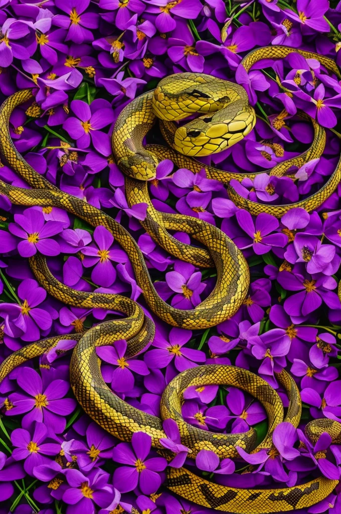 Snake surrounded by purple and gold flowers