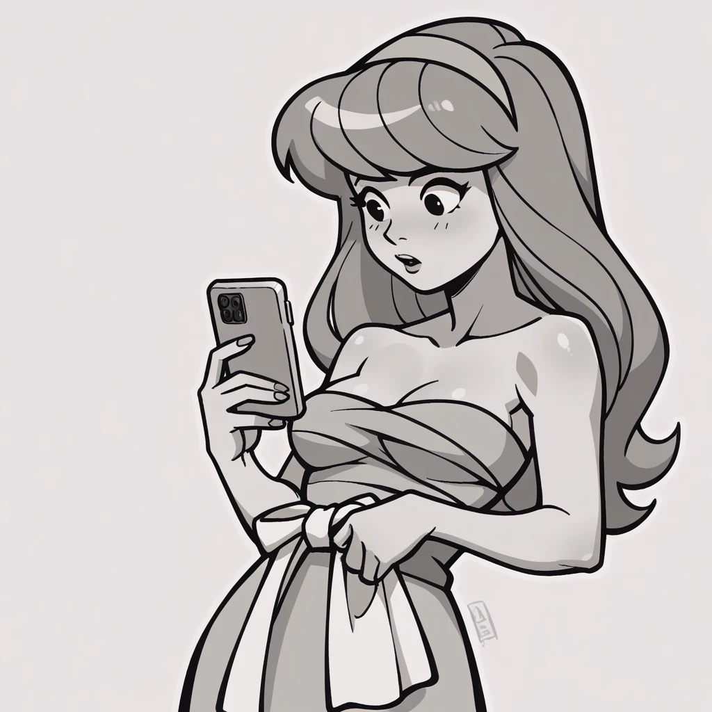 (score_9, score_8_up), daphne blake, wrapped in towel, medium breasts, holding phone