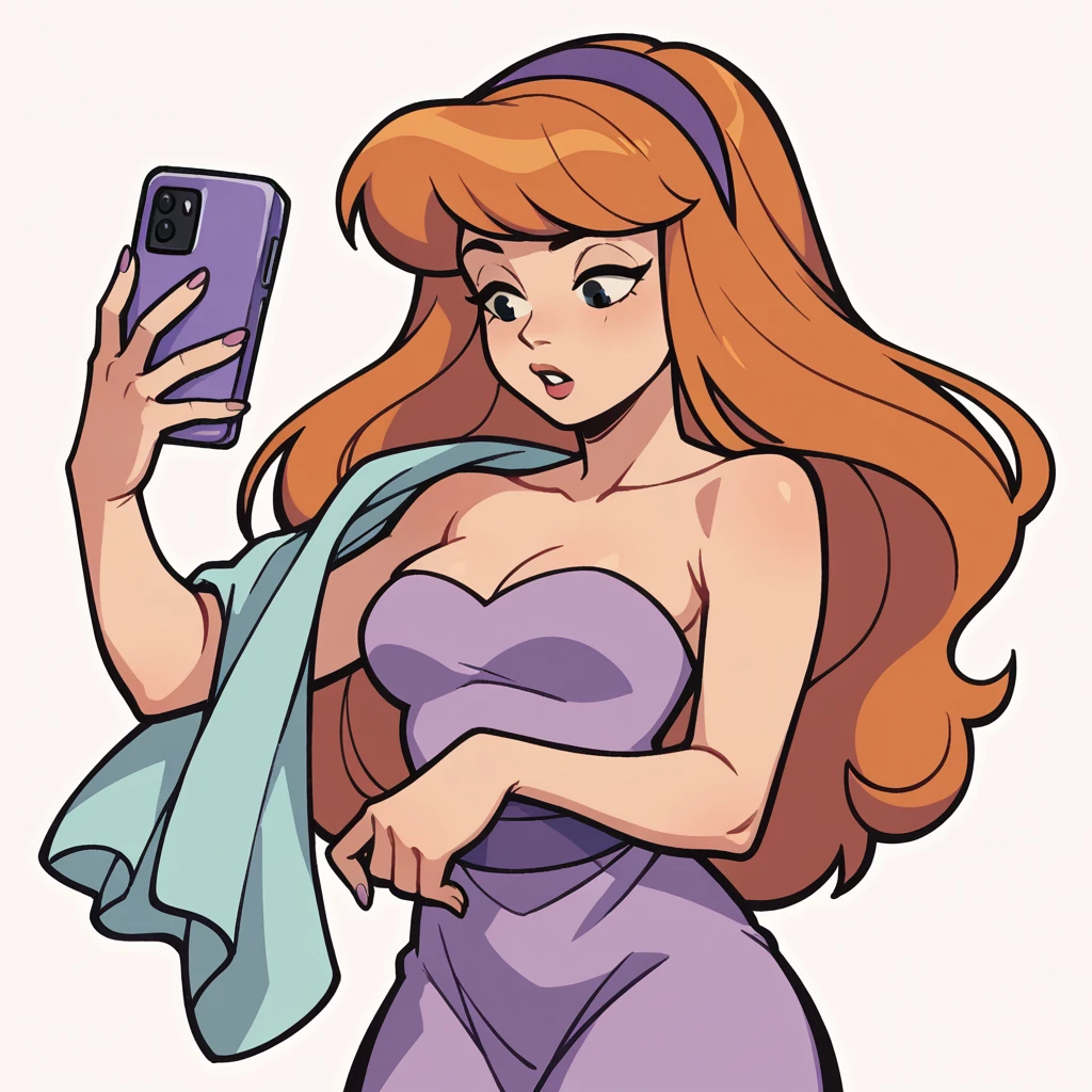 (score_9, score_8_up), daphne blake, wrapped in towel, medium breasts, holding phone