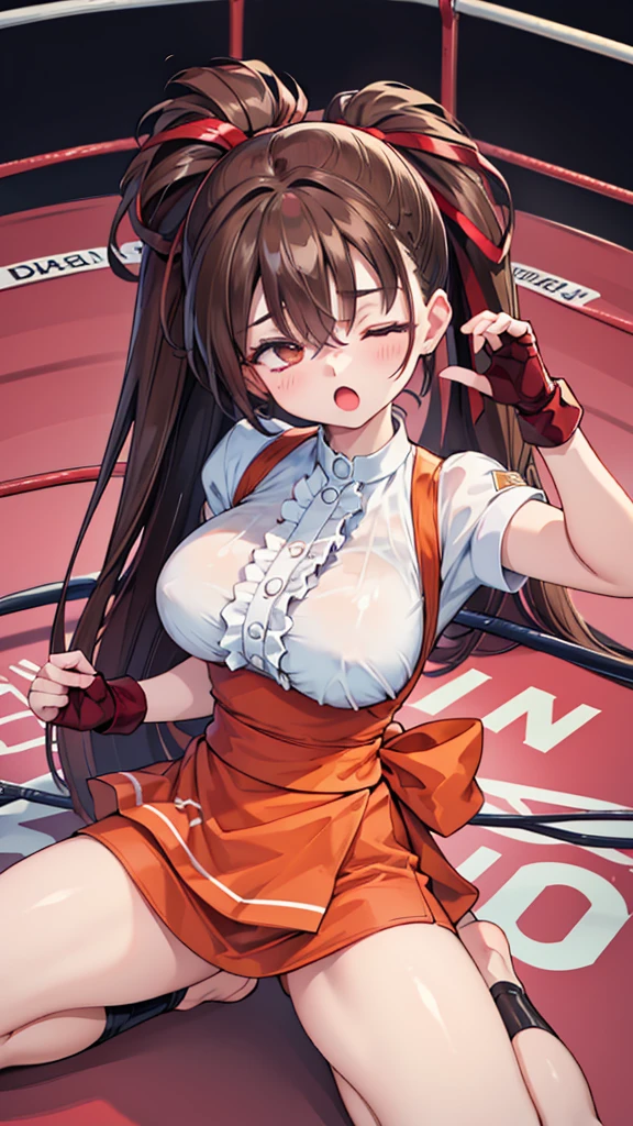 Highest quality,masterpiece,Lying down,sleep,(レスリングのリングにLying down, WWE Divas,Wrestling Arena,Wrestling ring background, Boxing ring background), 胎児の姿勢で仰向けにsleep, Lack of stamina, Ryona, Hitting a girl, death is near,タケユカ 超ロングヘア ヘアribbon, Frilled shirt, Underbust, ribbon, Fingerless gloves, White gloves, Waist apron, Orange Skirt, socks, Toeless legwear,winner, Nice, winner, (Moaning , Open your mouth), ((Leaning on the ground, 仰向けにsleep, 地面にsleep, lose consciousness, Unconscious, please lower your arms)), , ( Tilt your head),