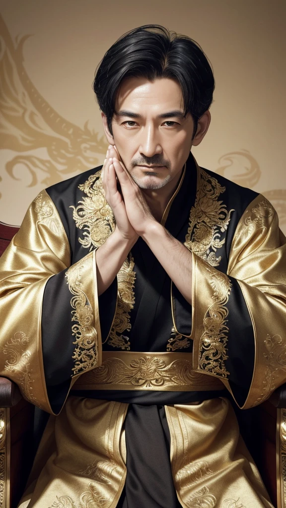 (Perfect detail: 1.5, 8k wallpaper, masterpiece, Highest quality, Super detailed)55-year-old man, Emperor, Delicate facial features, Asian Face, Short black hair, Thin Hair, Tied Hair, Golden silk embroidered dragon robe, Hanfu, Sitting on a dragon chair, Put your hands on your head, Palace Background, ancient golden Emperor crown