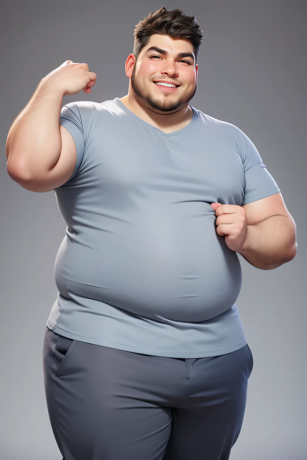 1 fat man (25yo) , , sexy pose, handsome face, random hairstyle, , seductive smile, grey casual
t shirt, short pants, gray background