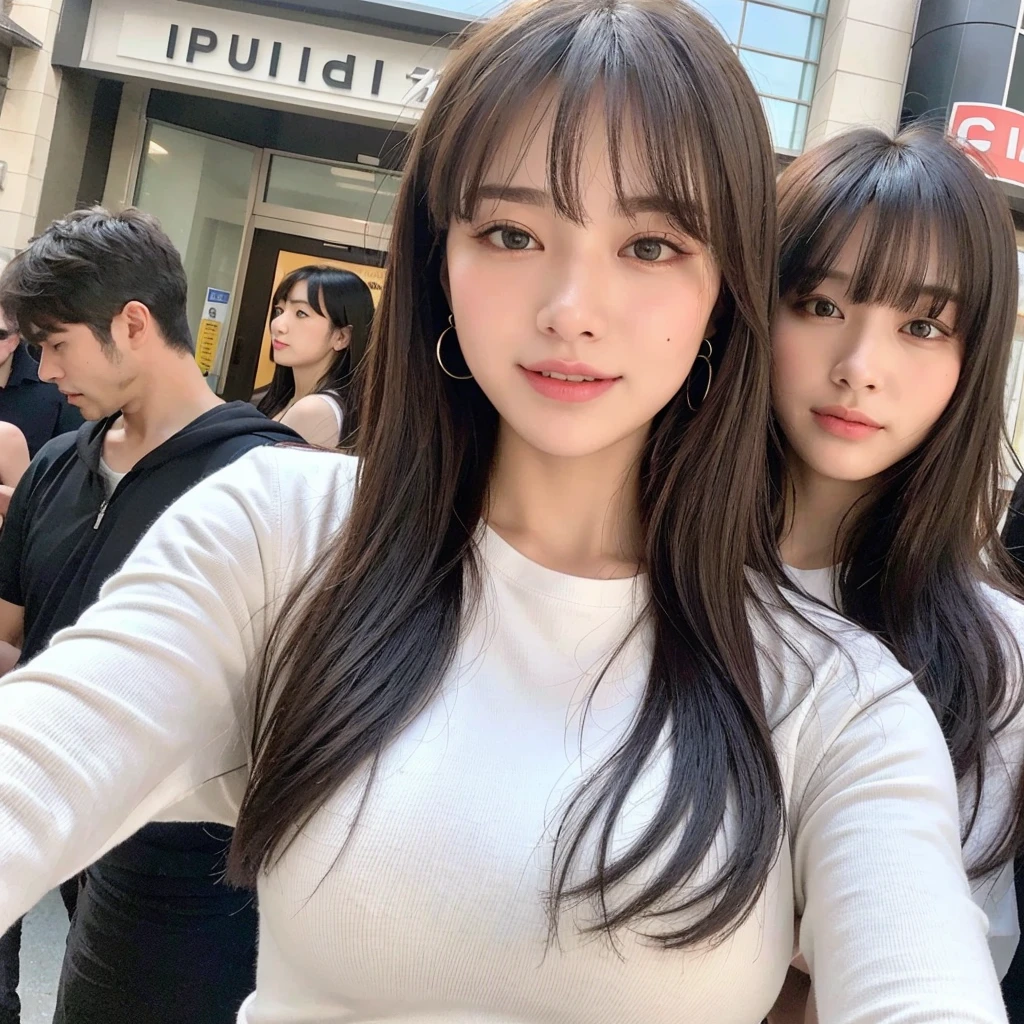 (8k, RAW photos, top quality, masterpiece: 1.2), ultra detailed, super resolution, (real, real photos: 1.37), portraits, high definition RAW color photos, professional photos, very detailed and beautiful, highly detailed, 8k wallpapers, amazing details, huge file size, official art, highly detailed CG Unity 8k wallpapers, highly detailed beautiful girls, highly detailed facesHighly detailed eyes, highly detailed skin, highly detailed fingers, Highly detailed nose, Highly detailed mouth, Perfect anatomy, Highly detailed background, Highly detailed clothing, One Girl, (18:1.2), teen, cute girl, famous Japan idol, cute, realistic body, , white skin, glowing skin, slim body, handsome body, brown hair, medium hair, (blunt bangs:1.2), smile, cute, youthful, pretty face, realistic face, delicate eyes, sagging eyes, white t-shirt, skirt, earrings, camera gaze, cowboy shot, front-facing, standing, contrapost, high street, public, crowd, dynamic lighting, very big breasts,