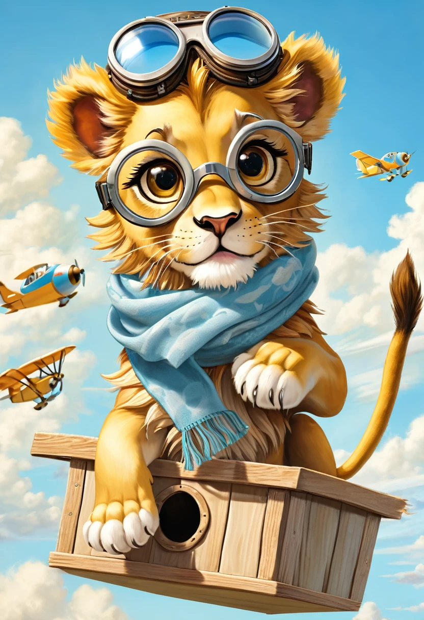 A cute lion wearing pilot goggles and a scarf, flying his doghouse against a sunny sky, with a cute baby face, big eyes, on a light blue background with fluffy clouds, an adventurous expression, high resolution, hyper realistic, high definition, in the style of photo realism