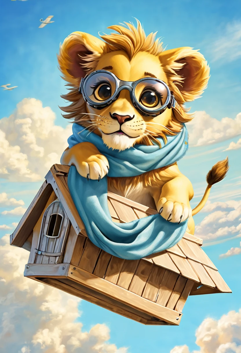 A cute lion wearing pilot goggles and a scarf, flying his doghouse against a sunny sky, with a cute baby face, big eyes, on a light blue background with fluffy clouds, an adventurous expression, high resolution, hyper realistic, high definition, in the style of photo realism