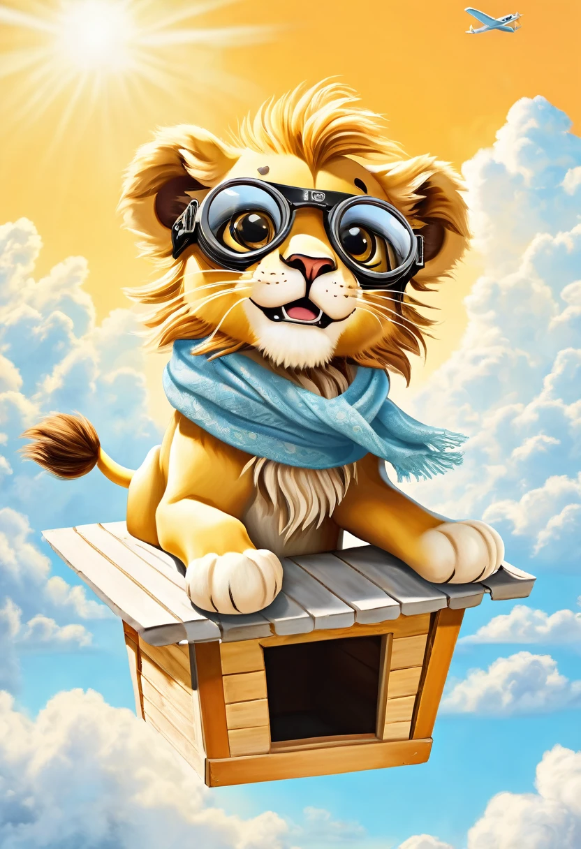 A cute lion wearing pilot goggles and a scarf, flying his doghouse against a sunny sky, with a cute baby face, big eyes, on a light blue background with fluffy clouds, an adventurous expression, high resolution, hyper realistic, high definition, in the style of photo realism