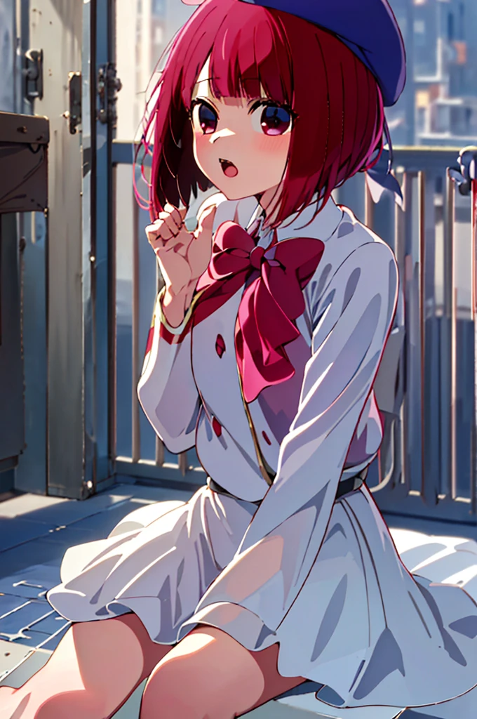(masterpiece、top-quality、hight resolution)、
Kana Arima \(Oshinoko\),(((tucking up the skirt、White panties are visible、Panties dig into Streakman)))、
school_uniform、Violet Beret、pink_Red bow tie、violet_jaket