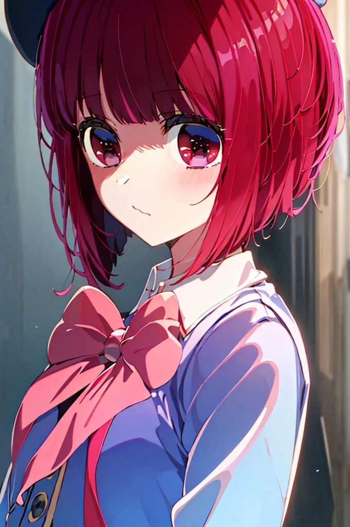 (masterpiece, best quality, highres),
arima kana \(oshi no ko\),
school_uniform, violet beret, pink_red bowtie, violet_jaket