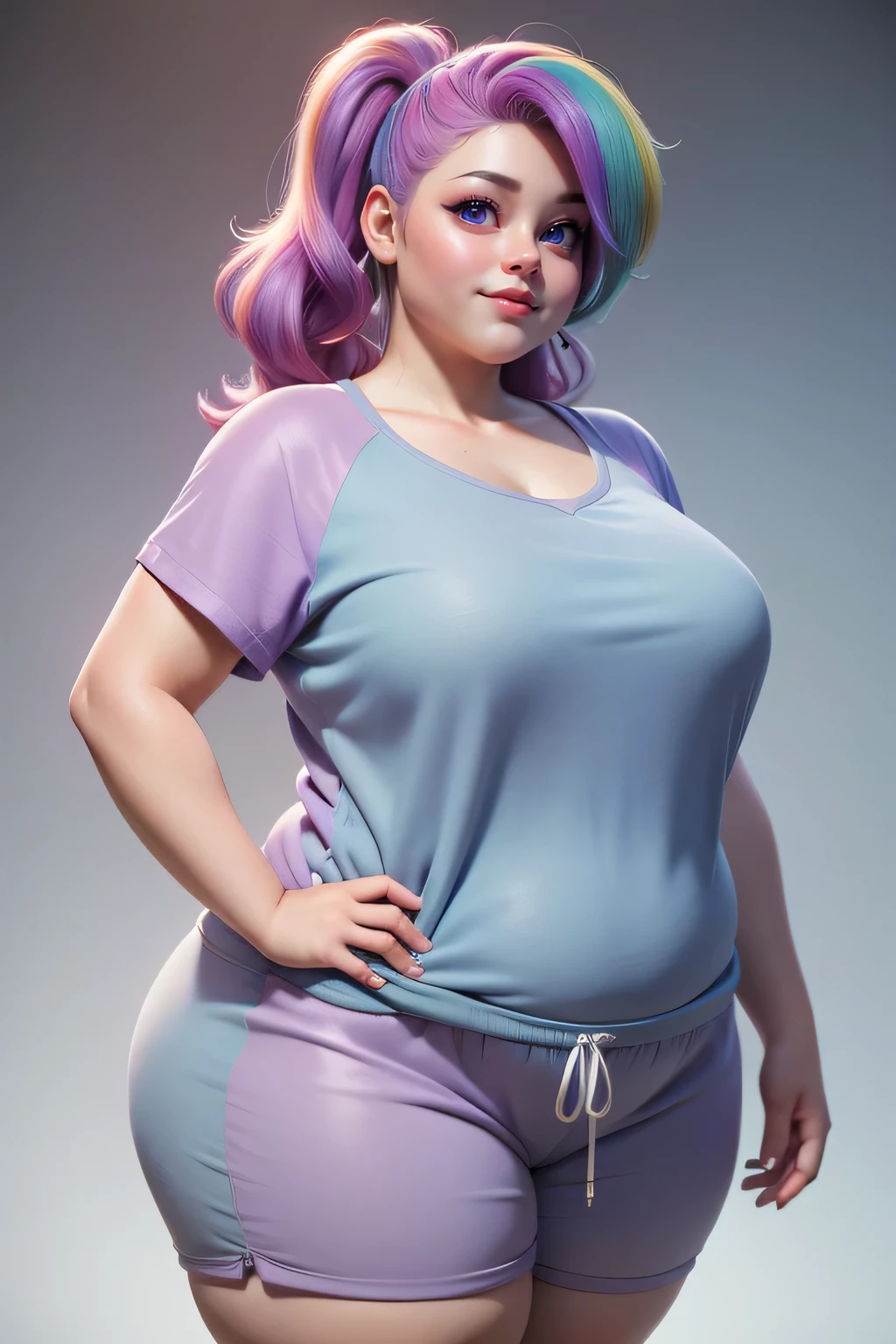 A hyper realistic carricature ,photorealism,of a fat woman 25 yo.with random rainbow hair style,standing.wearing sexy grey pijama ,short pants,light smile, high detail,3d render,high definition