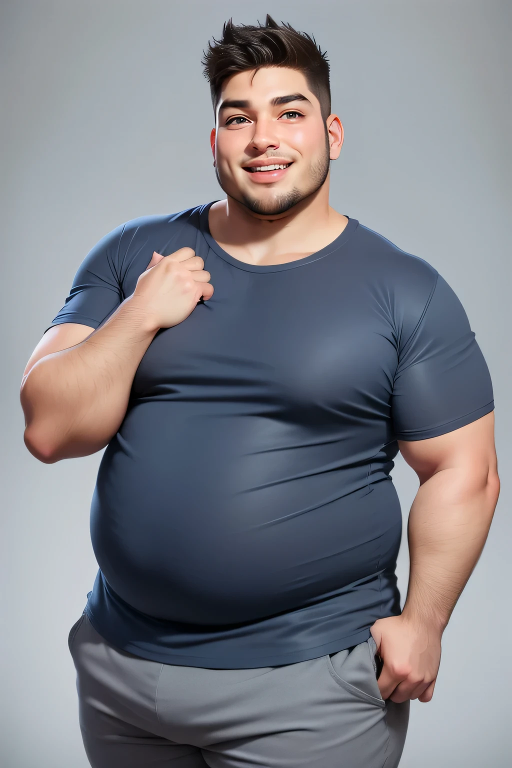 1 fat man (25yo) , , sexy pose, handsome face, random hairstyle, , seductive smile, grey casual
t shirt, short pants, gray background