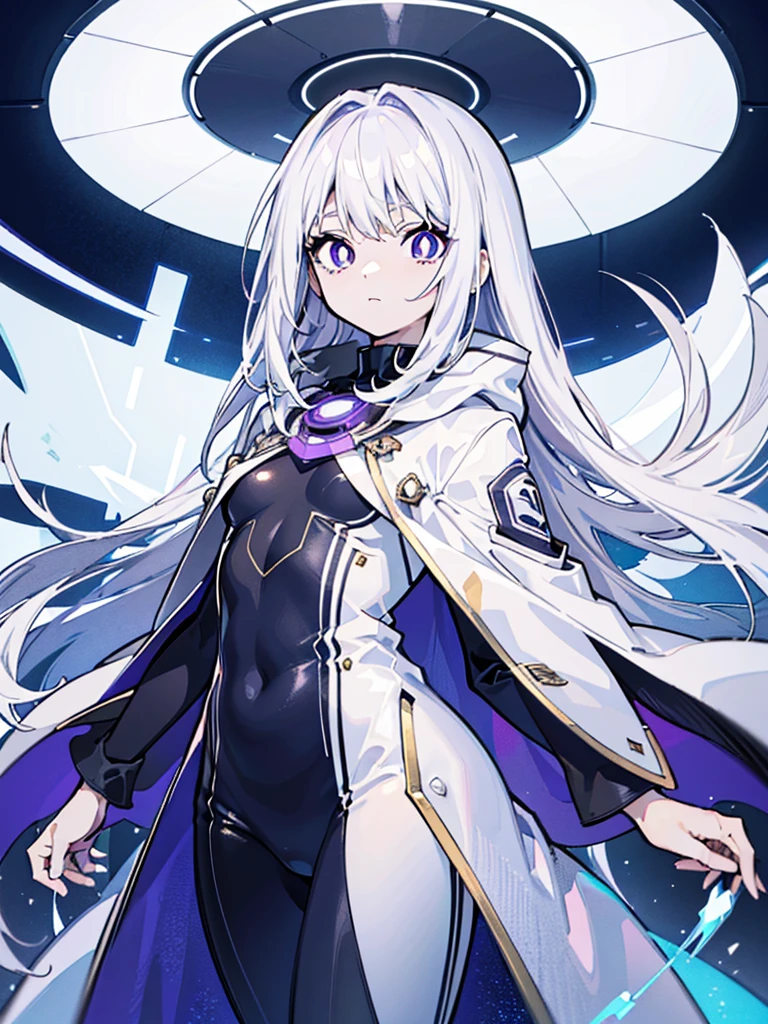 (masterpiece,Best quality,Anime style,Sense of atmosphere,CG Rendering,4K,Ray Tracing)(white hair,Purple pupils,White cape,tall,Perfectly proportioned body,Neo-futuristic design,Future Clothing)(Solo)