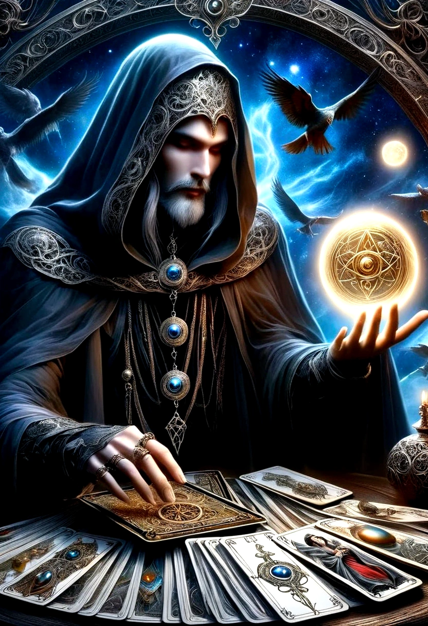 Astrologer，Metal photo frame，card，tarot cards：1.37.Mysterious fortune teller in cloak，Finger taps an array of tarot cards in the air，Mystical symbols and elements，Ancient mysterious atmosphere，Realistic illustration details，A work full of vitality and energy，Dark Style，Gothic style