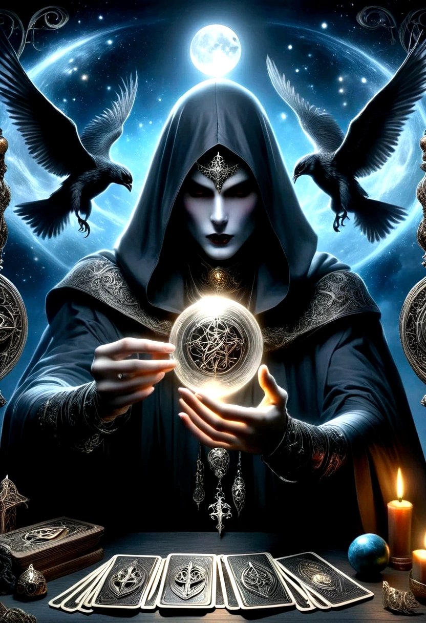 Astrologer，Metal photo frame，card，tarot cards：1.37.Mysterious fortune teller in cloak，Finger taps an array of tarot cards in the air，Mystical symbols and elements，Ancient mysterious atmosphere，Realistic illustration details，A work full of vitality and energy，Dark Style，Gothic style