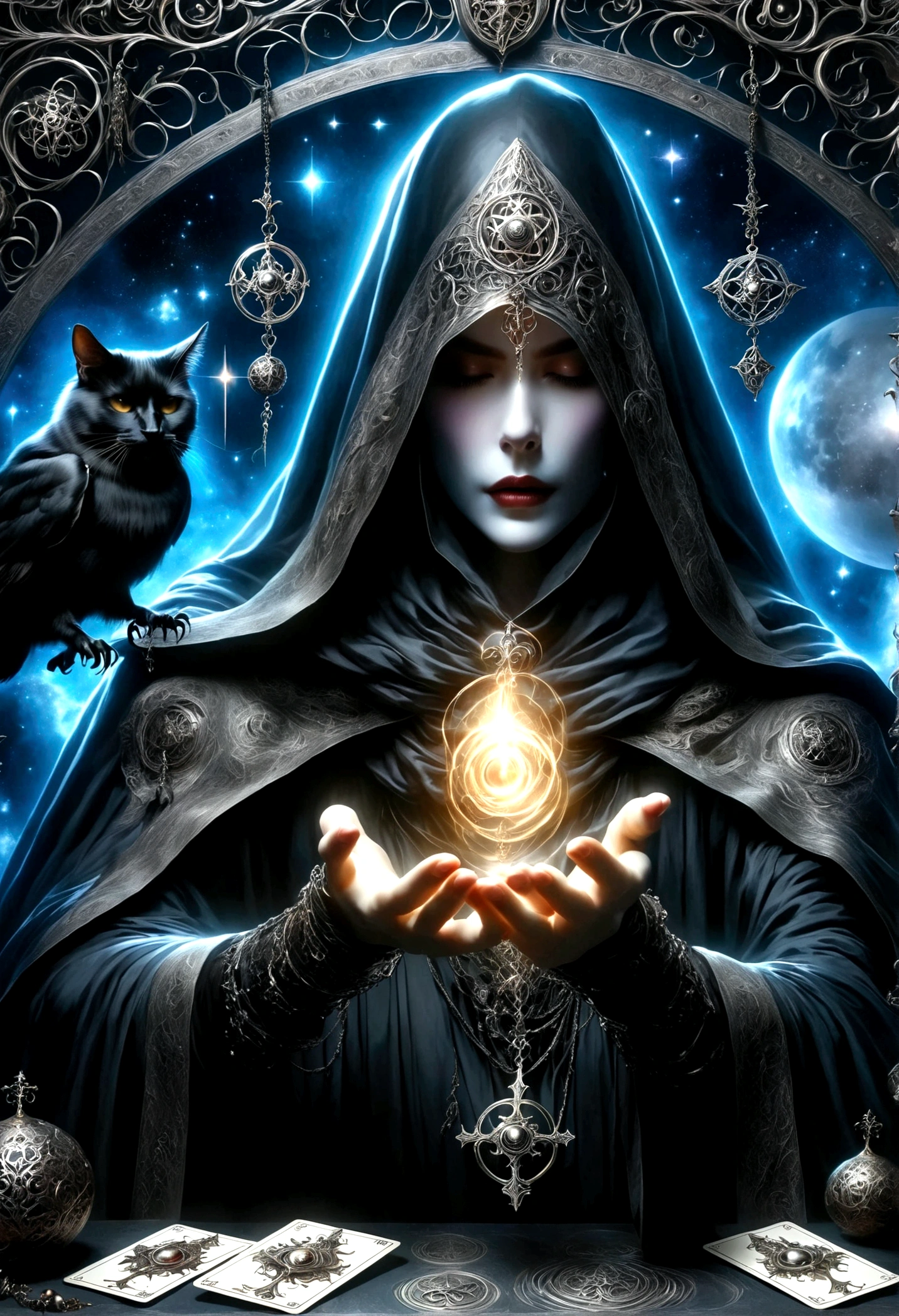 Astrologer，Metal photo frame，card，tarot cards：1.37.Mysterious fortune teller in cloak，Finger taps an array of tarot cards in the air，Mystical symbols and elements，Ancient mysterious atmosphere，Realistic illustration details，A work full of vitality and energy，Dark Style，Gothic style