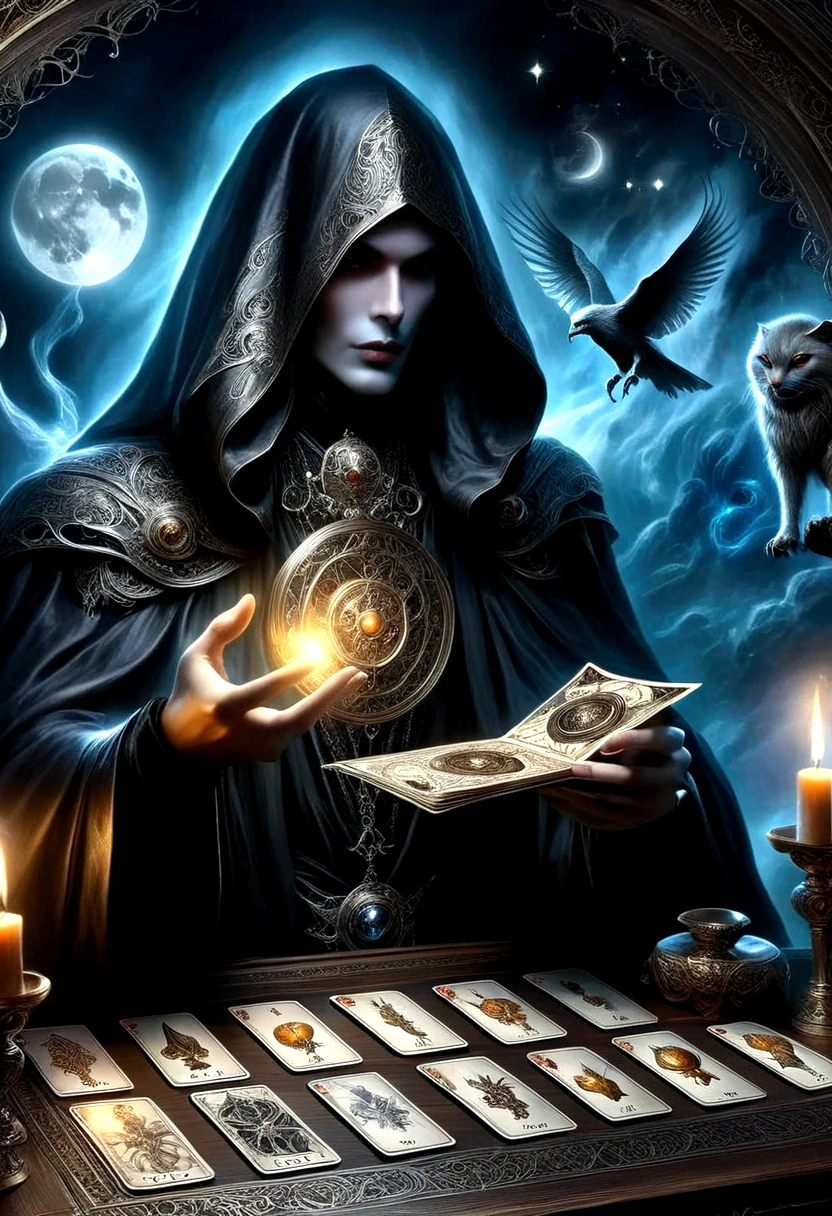 Astrologer，Metal photo frame，card，tarot cards：1.37.Mysterious fortune teller in cloak，Finger taps an array of tarot cards in the air，Mystical symbols and elements，Ancient mysterious atmosphere，Realistic illustration details，A work full of vitality and energy，Dark Style，Gothic style