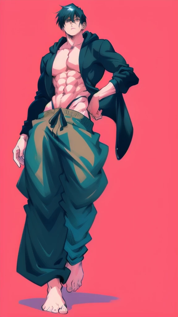 full body in image, masculine pose, unique hair, full man, hoodie jacket, harem pants, male body, slender body, short hair, full body, hot body, sexy male body, dinamic pose. detalied pose, body, simple background, expressive face, focus on face, line art, sketch